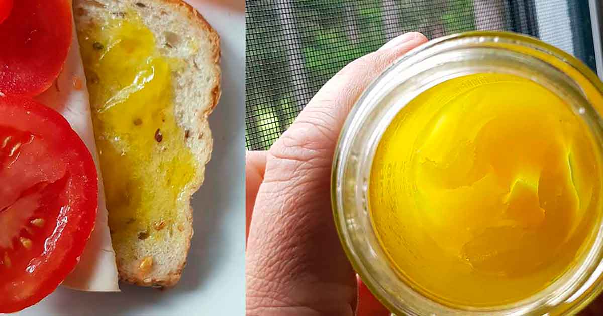 Streichfähiges Olivenöl im Glas aus dem Kühlschrank