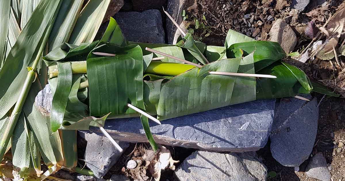 Roher Fisch in Bananenblätter gewickelt