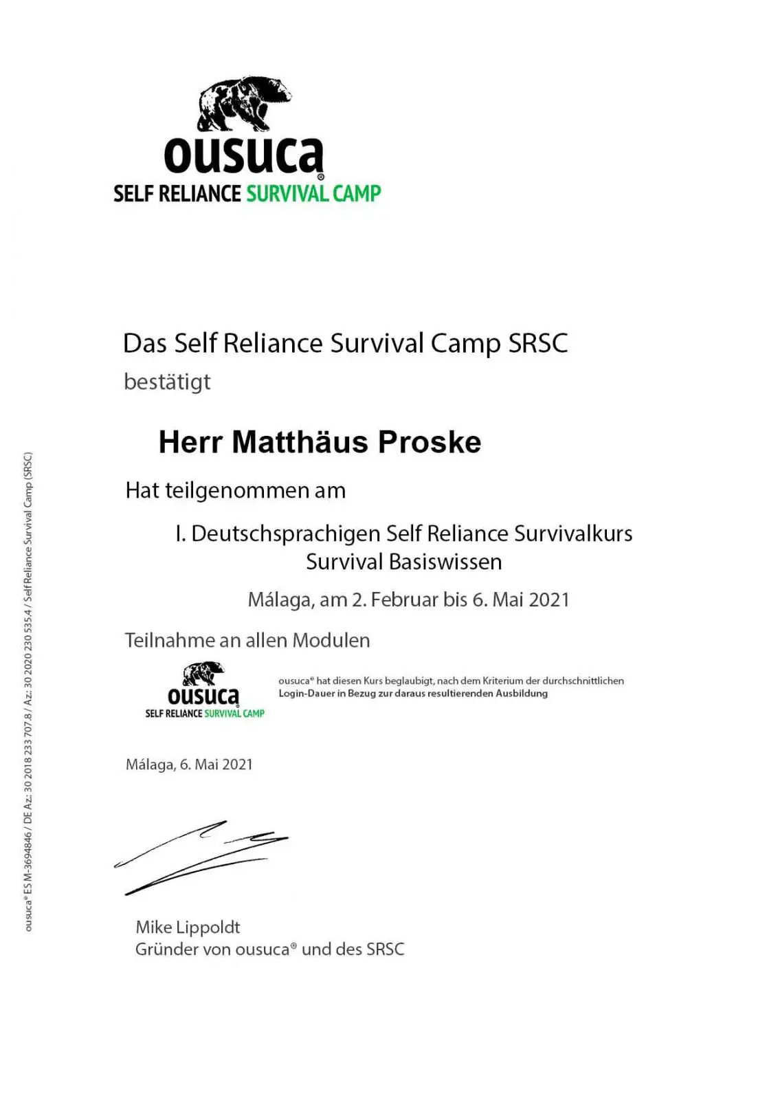 Survival Camp Teilnehmer Zertifikat
