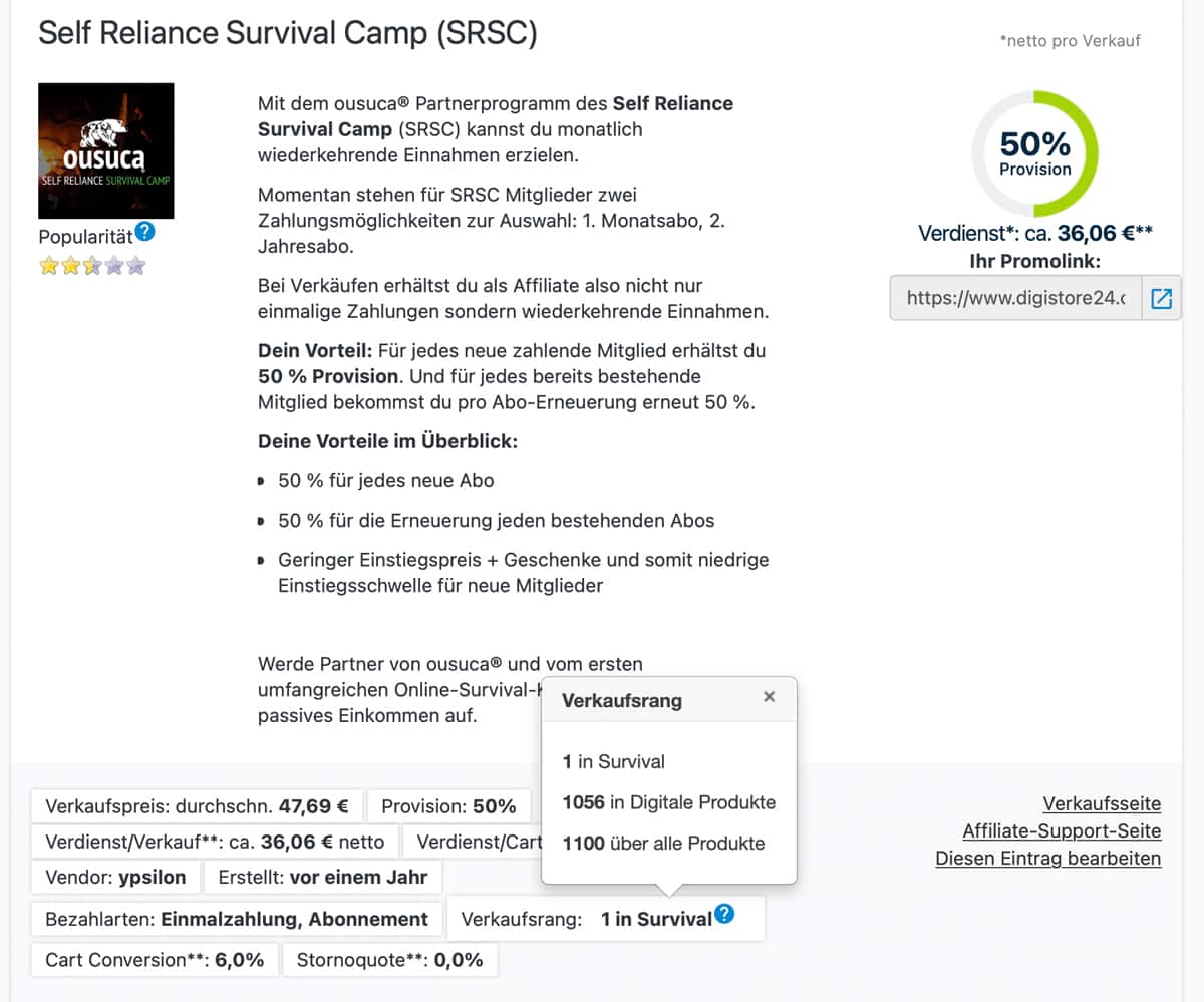 SRSC Survival Camp Nummer 1 in Digistore24 in der Kategorie Survival