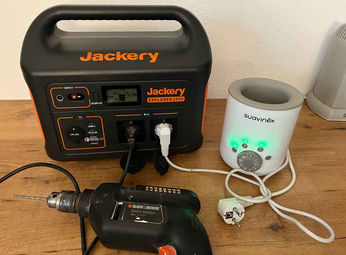 Jackery 1000 Solargenerator Test mit Bohrmaschine und Wassererhitzer