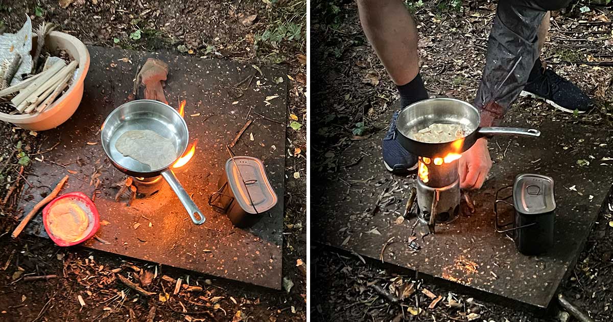 Kochen ohne Strom mit Feuer auf dem Hobo