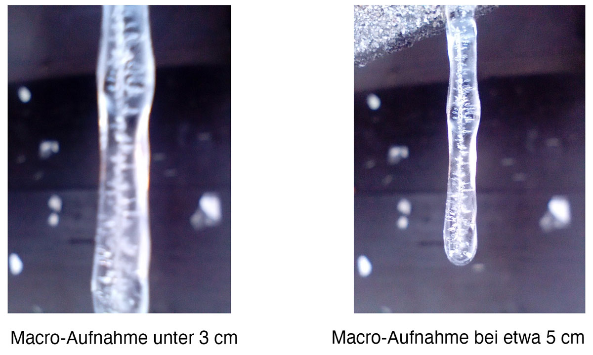 Eiszapfen im Macro-Modus fotografiert aus verschiedenen Abständen