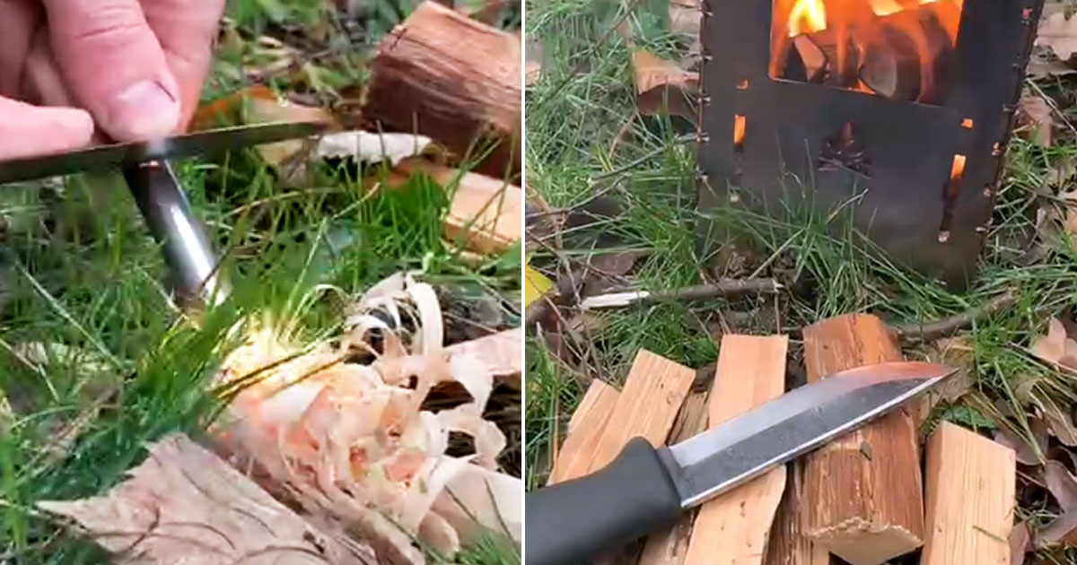 Feuer mit Feuerstahl und Survivalmesser