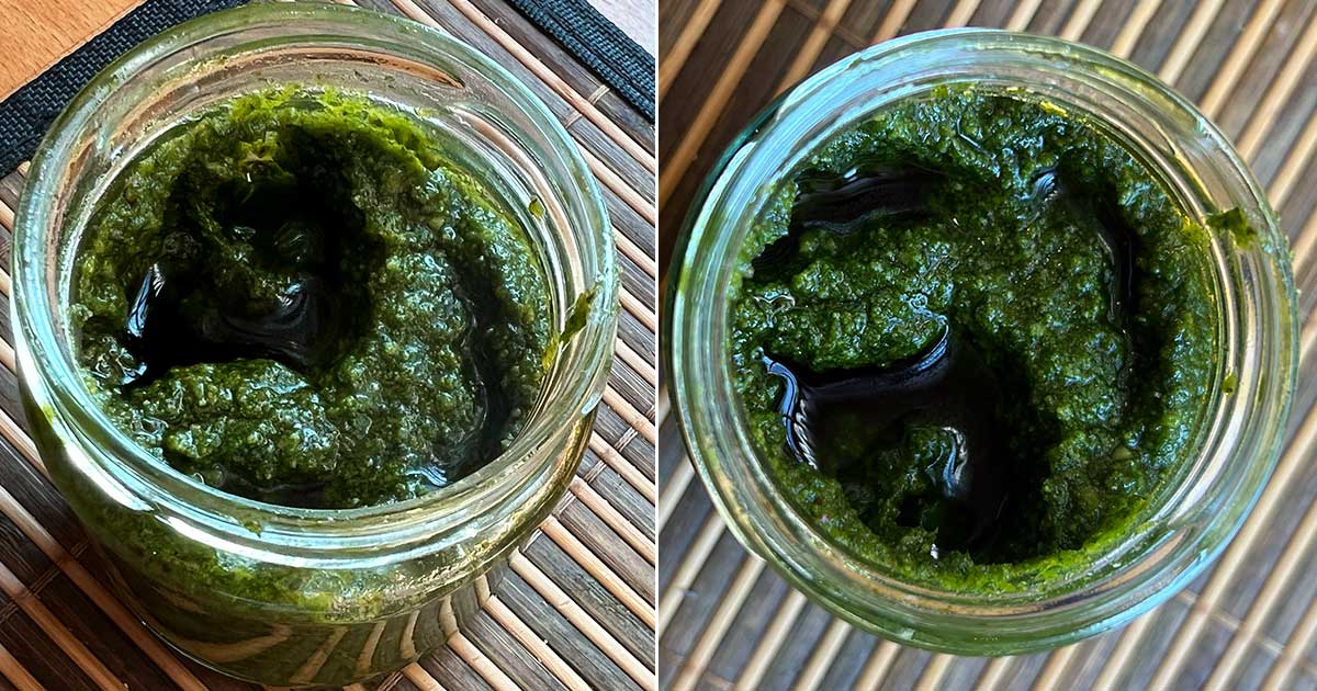 Lagere das selbst gemachte Bärlauchpesto in Schraubgläsern im Kühlschrank